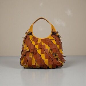 Rare Find - Chaos by Elsie Brown Yellow Leather Fringe Hobo Shoulder Bag